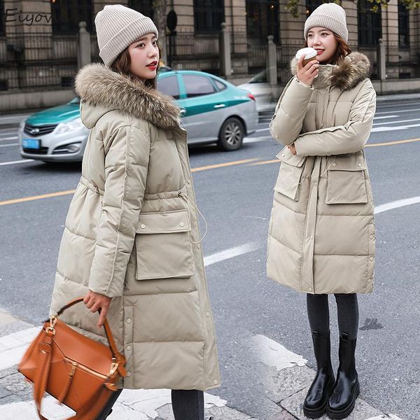 Mulheres para baixo parkas inverno algodão acolchoado jaqueta 2021 mulheres com capuz faixas de pele grande colarinho longo casaco coreano moda espessa parka quente neve