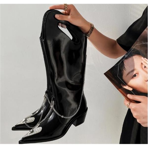 

boots black women genuine leather toe pointed at metal hollow chains out tube boots 6 in thick heels heart slither down knight's street