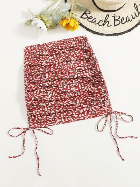 

ruched drawstring side ditsy floral skirt w6u6#, Black