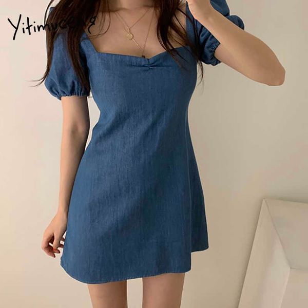 

yitimuceng denim dresses for women summer backless korean fashion mini dress short puff sleeve a-line blue sundress 210601, Black;gray
