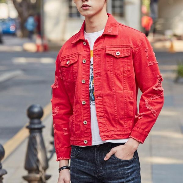 

men's jackets spring autumn ripped hole men denim jacket fashion red coat streetwear male cool cowboy locomotive high quality, Black;brown