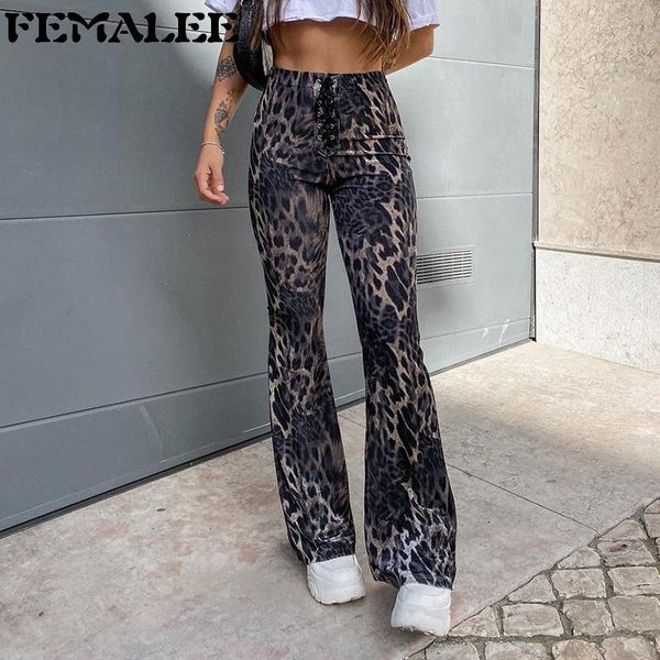 

lace up high waist leopard print flare leggings 2021 spring women fashion eyelets trousers y2k girls club pants women's & capris, Black;white
