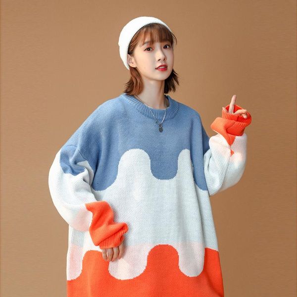 

women's sweaters women sweater 2021 round neck loose pullover fall winter lazy style patchwork knitted girls oversized, White;black