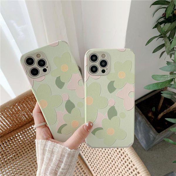 

cell phone pouches ins green flowers case for 6 6s 7 8 11 12 mini pro x xs xr max plus matte leather soft tpu silicon back cover