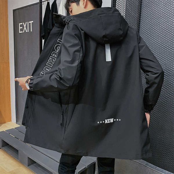 

spring autumn men's long trench coat streetwear hooded men windbreaker pocket clothing plus size outfits jacket 8xl 211011, Tan;black