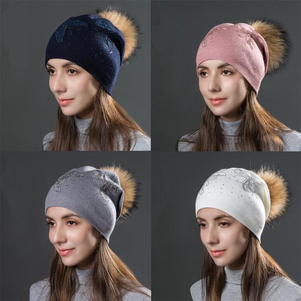 

beanie/skull caps cashmere wool slouchy knitted beanie for women winter soft warm skull with rhinestone and natural fur ball hats, Blue;gray
