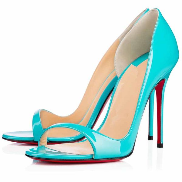 

summer sophisticated minimalist luxury brand women shoes high heel open toes patent leather sandals red bottom toboggan 100mm, Black