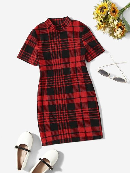 

toddler girls plaid print mock neck dress she, Red;yellow