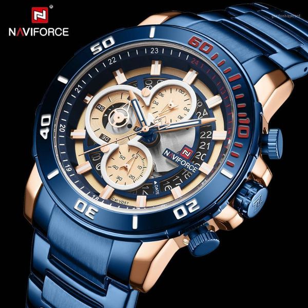

wristwatches naviforce military watch men quartz watches stainless steel strap chronograph waterproof business wristwatch gift, Slivery;brown