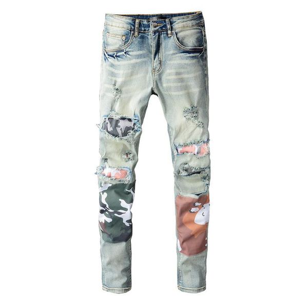 

men's jeans fashion retro men motorcycle pants light blue hole stitching camouflage patches street punk long pant pantalon homme