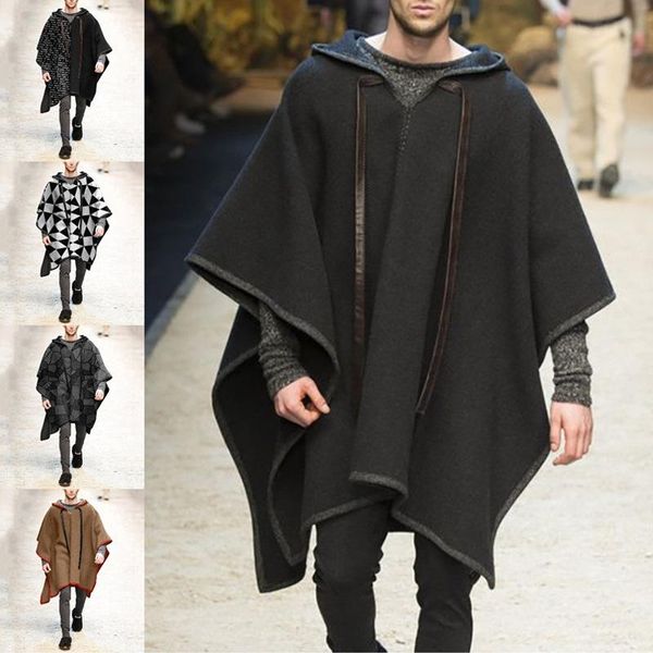 

men's wool & blends 2021 autumn and winter cloak shawl hooded cape woolen loose coat, Black