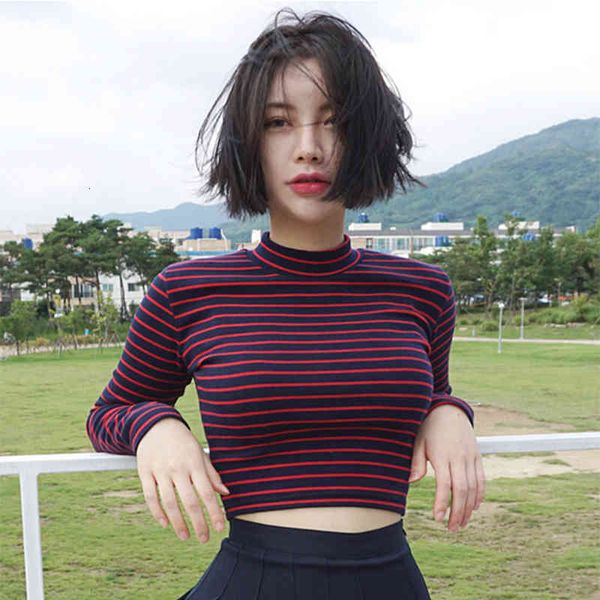 

women's t-shirt female fashion striped high collar open navel short paragraph long-sleeved casual punk female personality t-shi, White