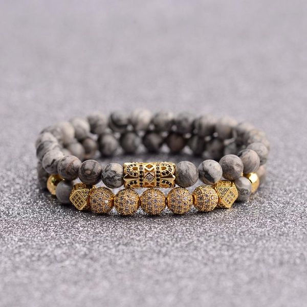 

beaded, strands douvei luxury men's natural gray stone bracelet set gold micro-inlaid zircon ball jewelry femme pulseras gift ab714, Black