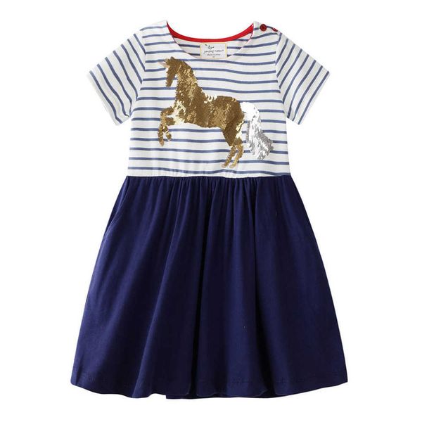 

jumping meters summer cotton princess girls dresses with unicorn beading stripe party baby costume selling kids 210529, Red;yellow