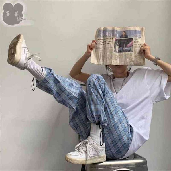 

vintage plaid pants women casual loose blue plaid wide leg pant streetwear women elastic waist lady all-match harajuku pants, Black;white