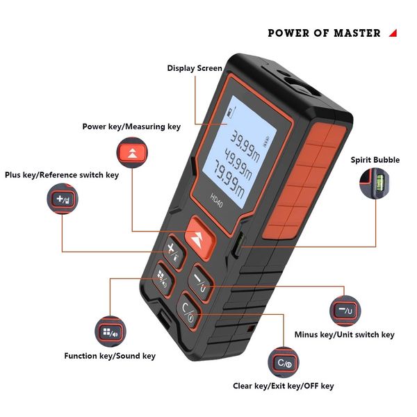 Telemetro laser alimentato a batteria Misuratore di distanza 40M 60M 80M 100M Telemetro a nastro Dispositivo di misura per edifici Righello