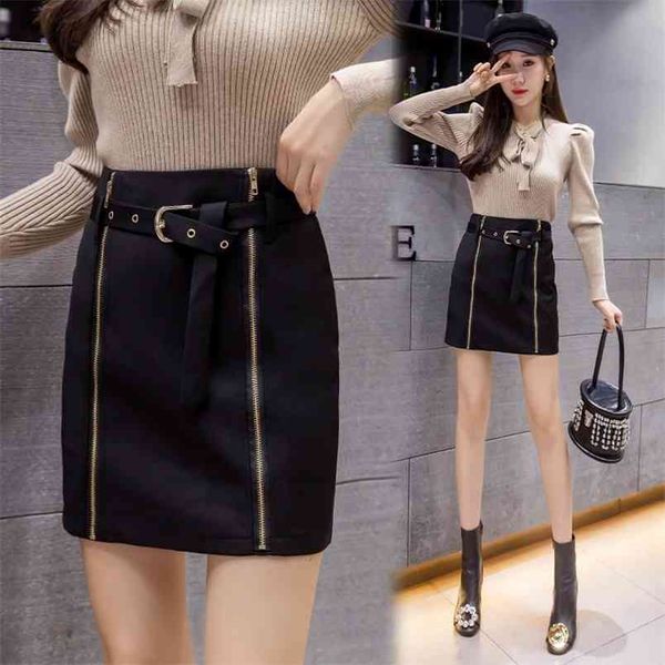 

women's autumn winter skirt korean style high waist zipper short slim casual a-line female s ll861 210506, Black
