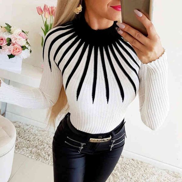 

sweaters women autumn winter sweaters color matching patchwork high collar long sleeve print slim fit pullovers knitted warm su4w u1v2, White;black