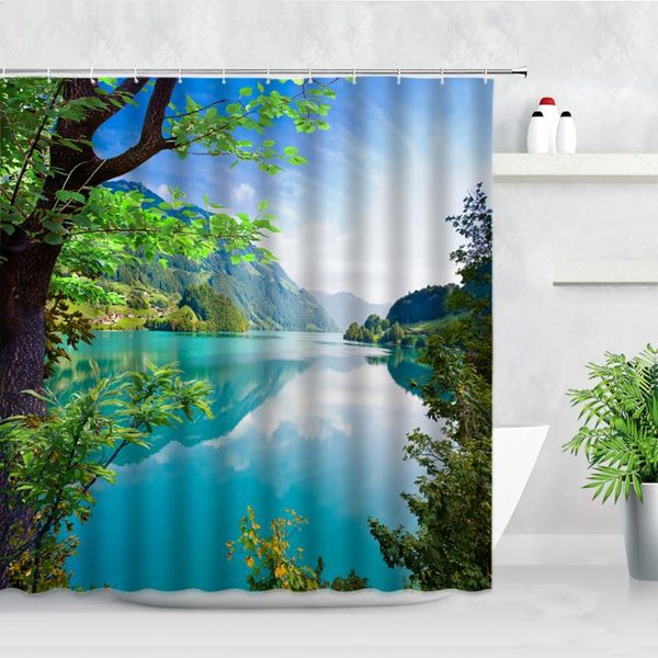 

mountain water landscape shower curtain set trees green leaves natural scenery modern fabric bathroom decor hanging curtains