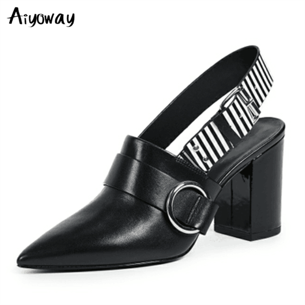 

genuine leather women pointed close toe spring summer wedding shoes high heels 8cm femme buckle slingback pumps aiyoway dress, Black