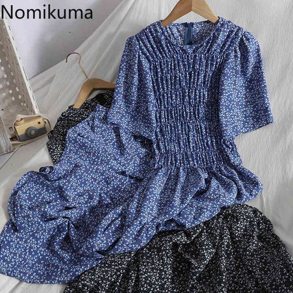 

nomikuma folds design stretch waist a line dress women o neck short sleeve floral printed vintage dresses chic vestidos 210514, Black;gray