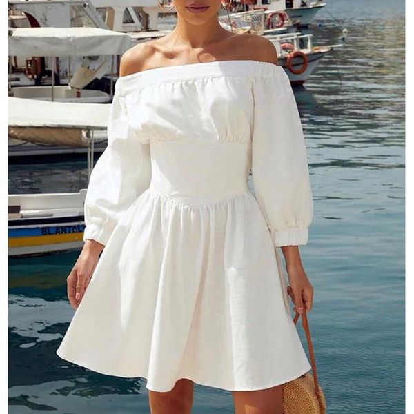 

casual dresses fashion a line slash neck mini women elegant elastic waist folds dress solid slim ladies, Black;gray