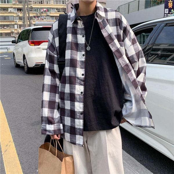 

men's casual shirts autumn plaid shirt fashion hit color pocket men streetwear korean loose long-sleeved mens dress, White;black