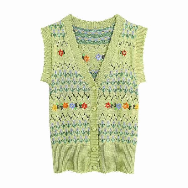 

v-neck hollow flower embroidery knit women's vest summer harajuku sweet single-breasted chic female 210507, White