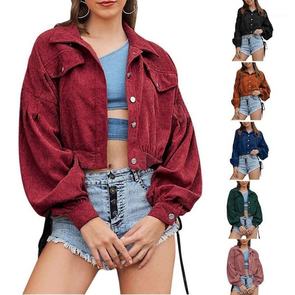

lantern sleeve cropped jacket women autumn lapel collar button down velvet outwear 2021 vintage loose solid color short coat women's ja, Black;brown