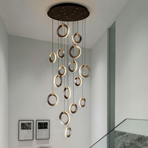 

chandeliers duplex rotating staircase led chandelier dining living room aluminum rings modern luxury villa lobby black/gold hanging light