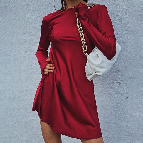 

autumn slim long sleeve dress women o-neck solid a-line mini satin party clubwear clothes casual dresses, Black;gray
