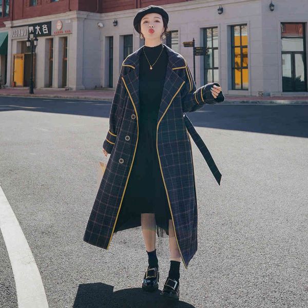 

jackets long-waist long-waisted fleece woolen woman's coat autumn blue sea tide plaid fringe with fashionable belt, Black;brown