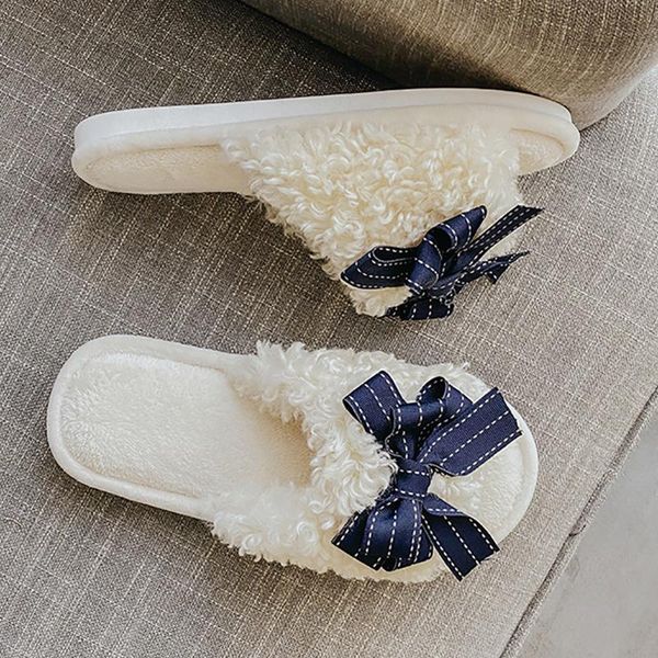 

slippers women soft cute bow knot fur velvet house for home winter warm non slip flat white bedroom slides shoes, Black