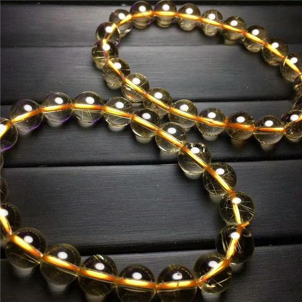 

beaded, strands natural crystal beads bracelet gold titanium rutilated 9-8mm, Black