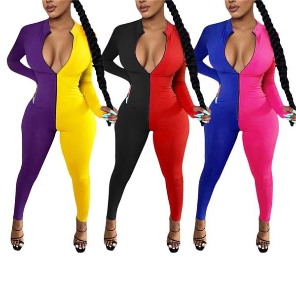

gym clothing pd women jumpsuit stylish color block fashion one piece long sleeve zipper ladies overalls, White;black