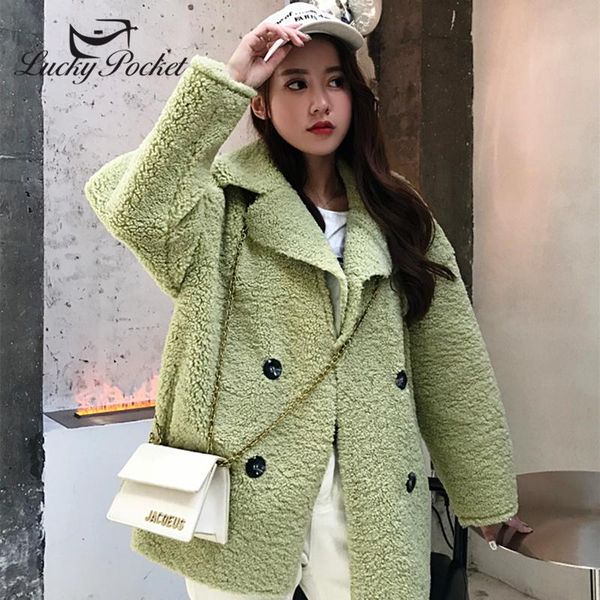 

women's fur & faux women autumn winter short loose solid color plush coat ladies fashion keep warm green lapel plus size park jacket zy, Black