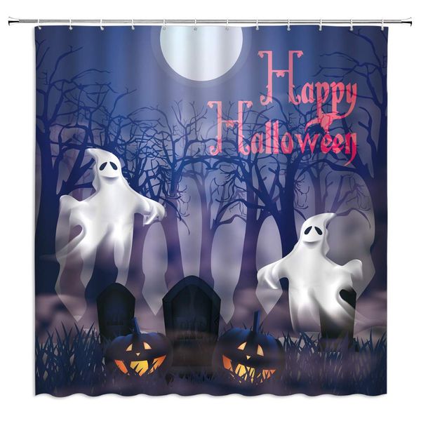 

happy halloween shower curtain,misty forest ghost cemetery pumpkin horror moon night graveyard scene fabric bathroom decor,hooks