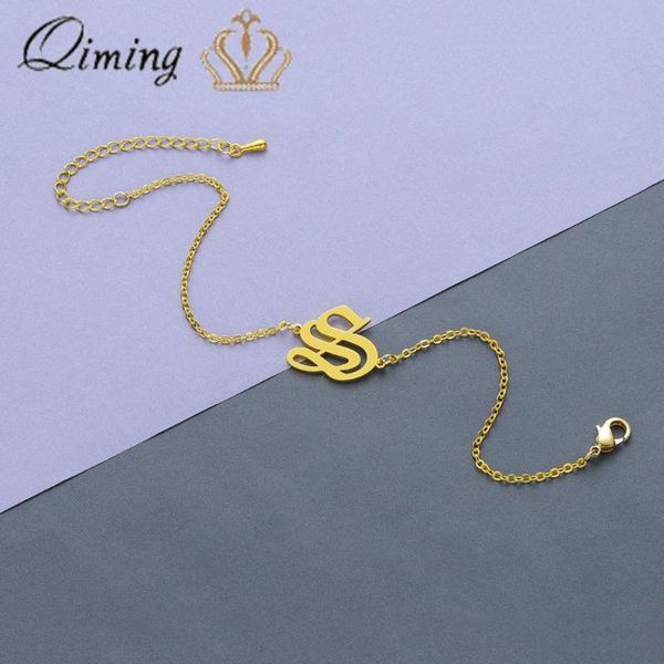 

link, chain qiming capital initial bracelet & bangle for women stainless steel golden jewelry ladies anniversary romantic gift, Black