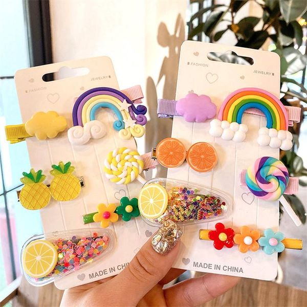 

6pcs/set girls cute cartoon fruit rainbow hair clips kids lovely hairpins headband barrettes fashion accessories, Slivery;white