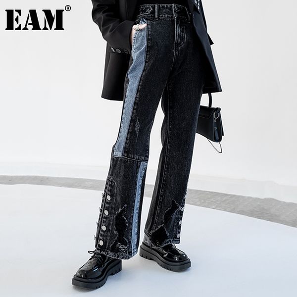 

[eam] high waist wide leg black irregular burrs hole jeans loose women trousers fashion spring autumn 1dd5962 210512, Blue