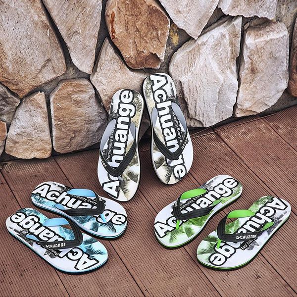 

slippers summer graffiti print flip flops men shoes hip hop street beach outdoor non-slip comfortable casual walking footwear, Black