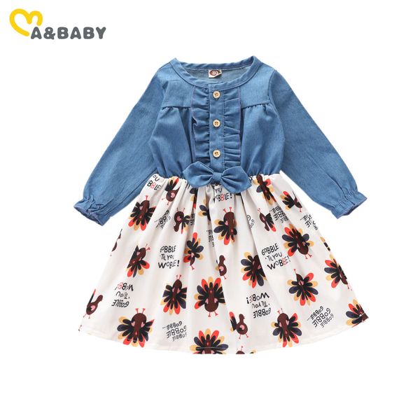 6M-4Y Toddler born Baby Kid Girls Giorno del Ringraziamento Abito manica lunga Ruffles Cartoon Turkey Party 210515