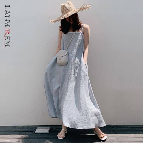 

women cotton and linen light blue long sling dress sleeveless loose fit fashion tide spring summer 2e1094 210507, Black;gray