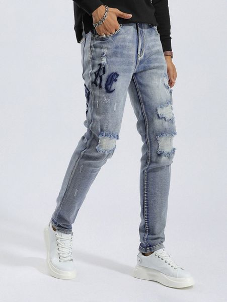 

men ripped frayed cat scratch letter embroidery jeans m1zq#, Blue