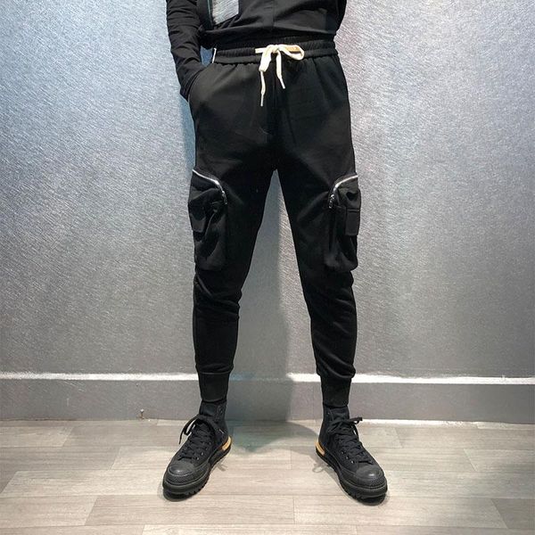

men's pants spring classic dark side pocket zipper splice design personality street oversized cargo, Black