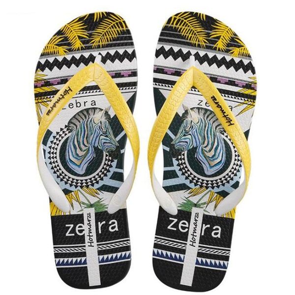 

slippers men flip flops fashion zebra cartoon non-slip male sandals print flat beach shoes slides, Black