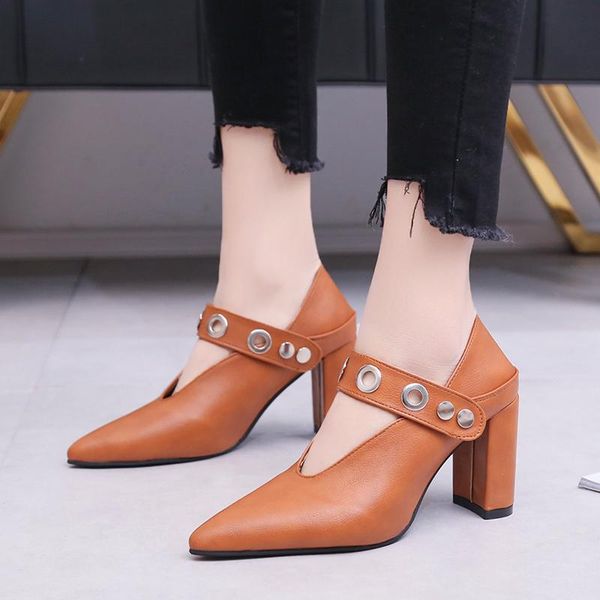 

dress shoes single 2021 wild rivet thick heel pointed work women, Black