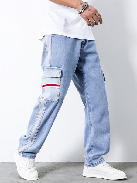 

men contrast tape flap pocket side cargo jeans s46b#, Blue
