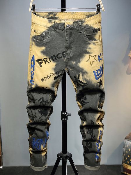 Carta bordado jeans dos homens buraco amarelo remendo calças de motociclista alta qualidade masculino casual designer moda streetwear hip hop jean homme