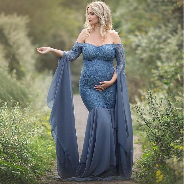 

maternity dress for po shoot maxi gown long sleeves lace stitching fancy women pography props clothes dresses, White